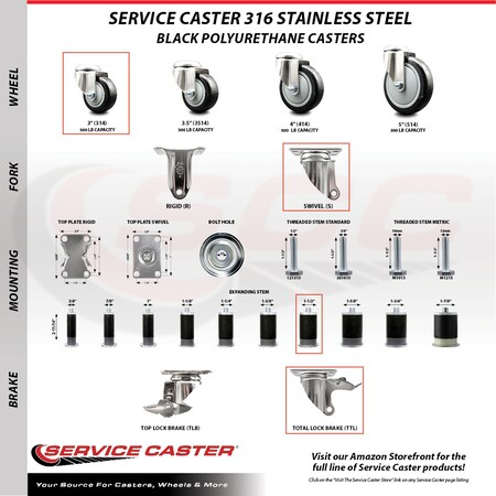 Service Caster 3 Inch 316SS Black Poly Swivel 1-1/2 Inch Expanding Stem Caster Set Lock Brake SCC-SS316TTLEX20S314-PPUB-BLK-112-4